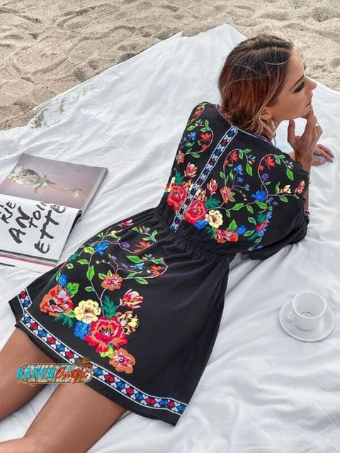 Women’s Vintage Bohemian Ethnic Print Waist Short Dress