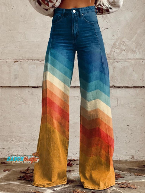 Women's Orange and Blue Stripes Print Casual Wide Leg Pants