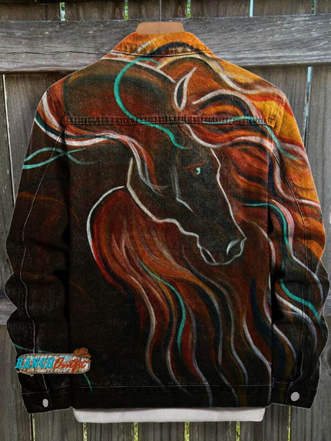 Retro Brown Horse with Long Mane Art Print Casual Denim Jacket