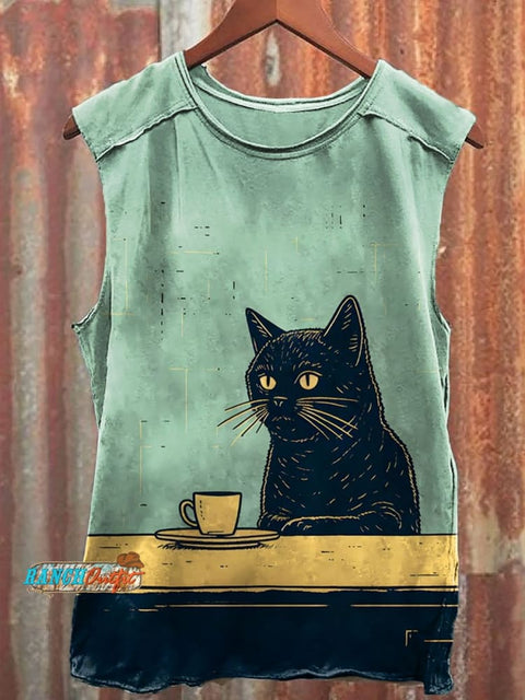 Vintage Black Cat Chilling With Coffee Print Casual Tank Top Multicolor / S