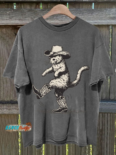 Cute Cowboy Cat Print T-Shirt S / Grey