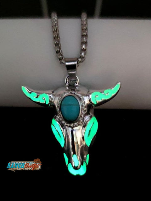 Turquoise Skull Bull Head Stainless Steel Glow Necklace Green Light / 70Cm