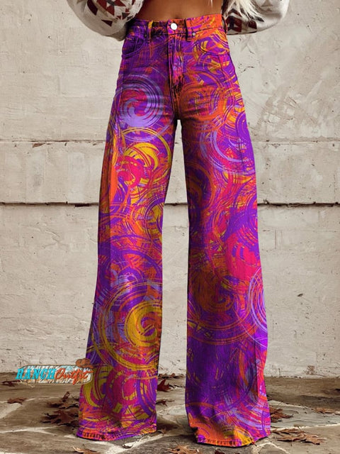 Bright Color Swirls Pattern Printed Casual Wide Leg Pants Multicolor / S