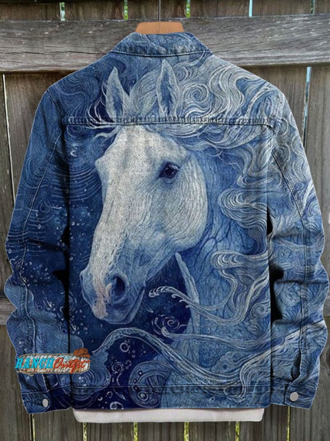 Blue Horse Art Print Casual Denim Jacket