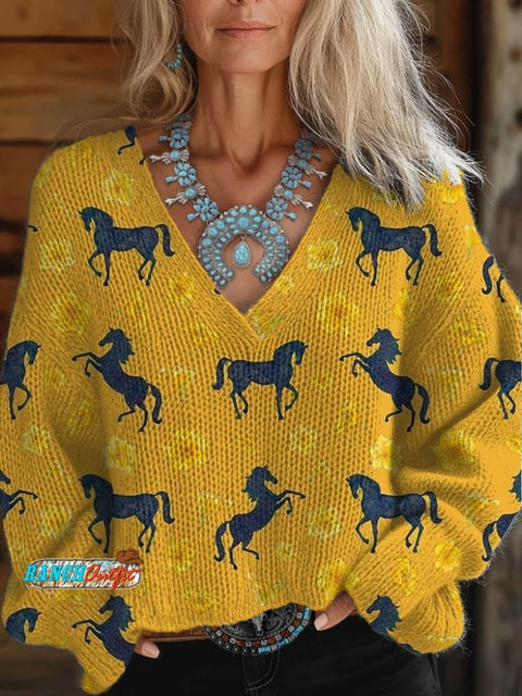 Women's Western Horse Print Casual Comfortable Cotton Henley Shirt