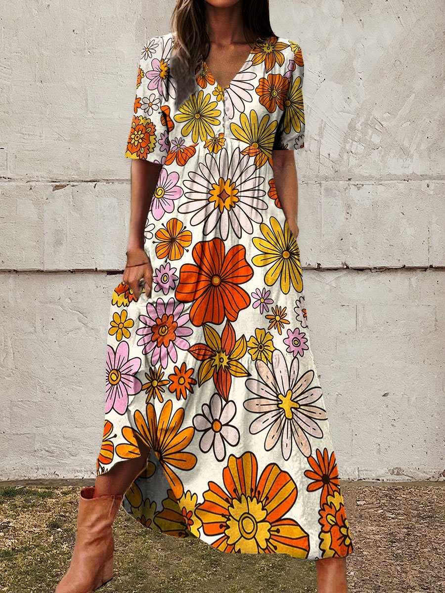 Women's Vintage Floral Pattern Print Short Sleeves Flowy Dress– ranchoutfit