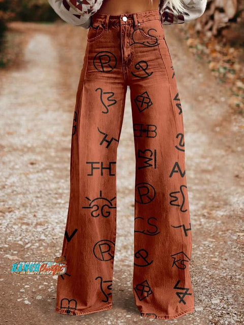 Women's Western Cattle Brands Print Casual Wide Leg Pants