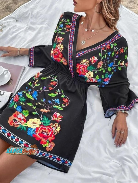 Women’s Vintage Bohemian Ethnic Print Waist Short Dress