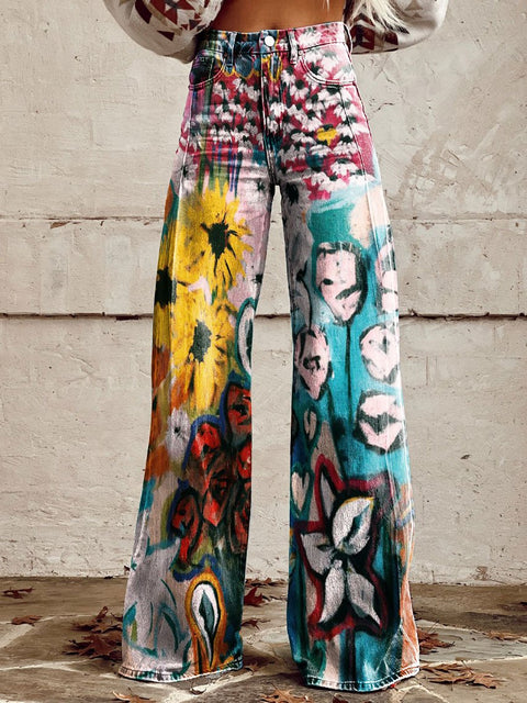 Women's Vintage Flower Seamless Pattern Print Casual Wide Leg Pants