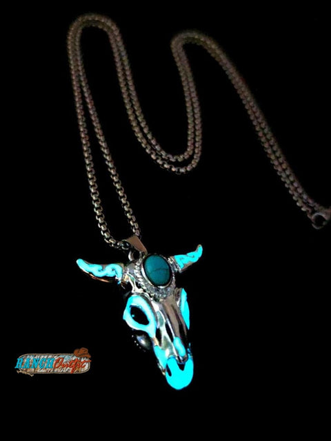 Turquoise Skull Bull Head Stainless Steel Glow Necklace