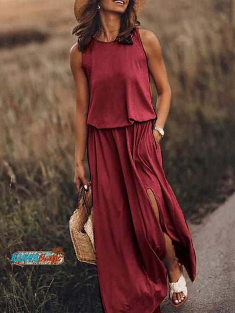 Women’s Solid Color Loose Elegant Casual Dress Red / S