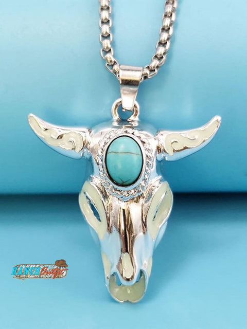 Turquoise Skull Bull Head Stainless Steel Glow Necklace