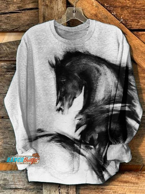 Black and White Horse Art Print Casual Sweatshirt