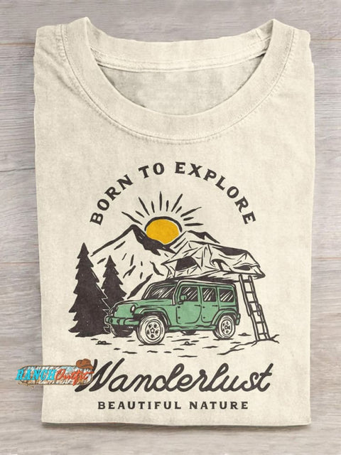 ’Born To Explore Wanderlust Beautiful Nature’ Outdoor Adventurous Slogan Printed T-Shirt White / S