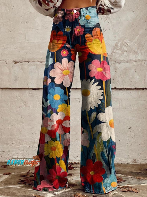 Women's Colorful Flower Geometric Pattern Print Casual Wide Leg Pants