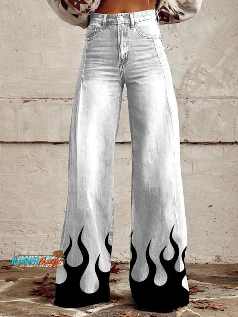 Women’s White With Black Flame Print Casual Wide Leg Pants Multicolor / S