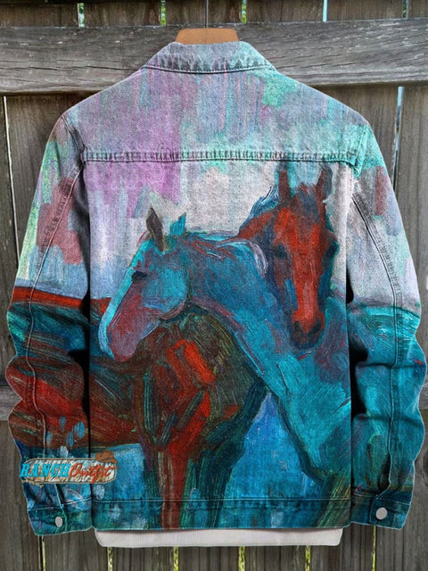 Retro Two Oil Painting Horses Print Casual Denim Jacket