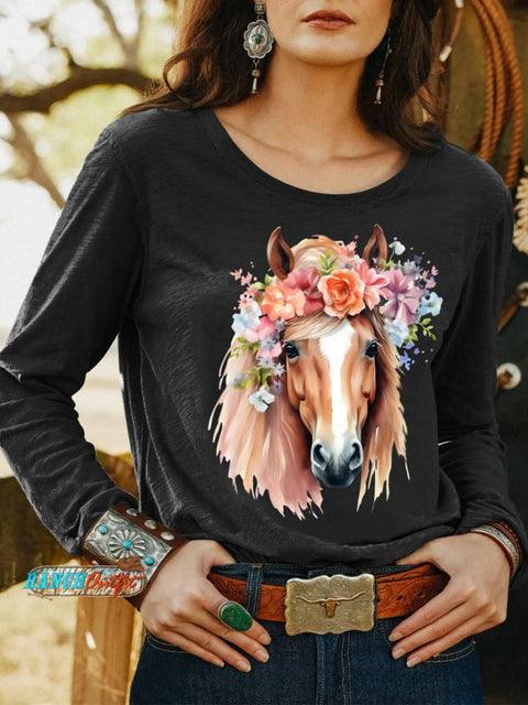 Women’s Wild Western Horse Art Print Casual T Shirt Black / S