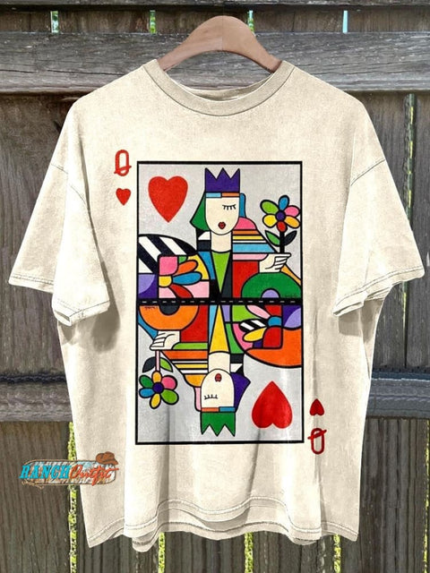 Poker Queen Of Hearts Abstract Style Print T-Shirt