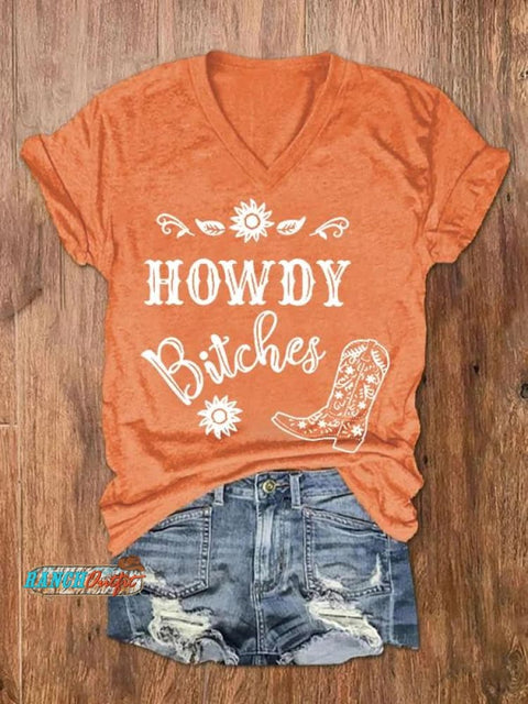 Howdy Bitches Western Art Casual T-Shirt Orange / S