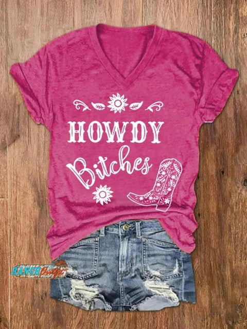 Howdy Bitches Western Art Casual T-Shirt Pink / S