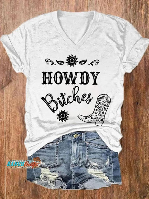 Howdy Bitches Western Art Casual T-Shirt White / S