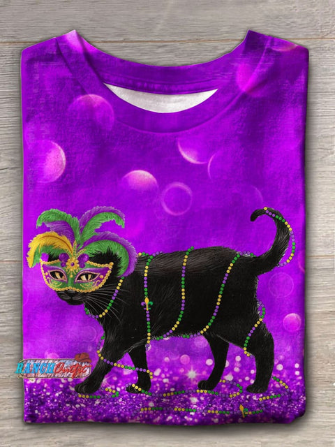 Mardi Gras Cat Crew Neck T-shirt