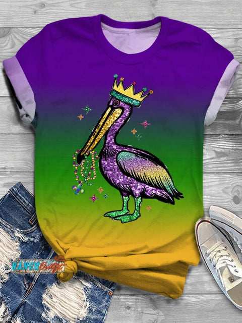 Mardi Gras Pelican Sequins Crew Neck T-shirt